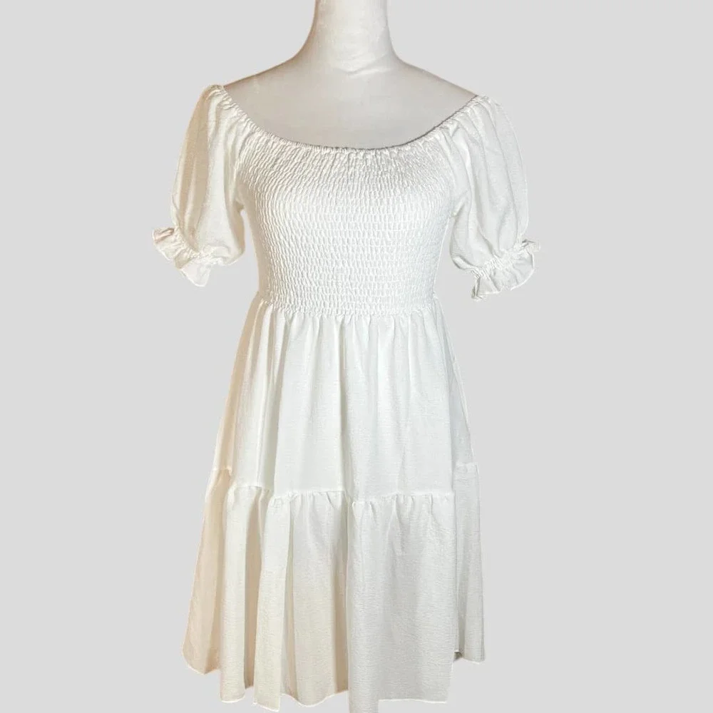 Off Shoulder Smocked White Dress - Size Small *NEW* - Picture 4 of 6